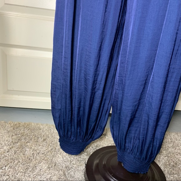 Silky Breezy Electric Navy Blue Loose Romper Off Shoulder Elastic Hems Size M/L - Picture 6 of 10